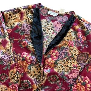 VTG! 90’s Kathryn Women's Floral Leopard Print Satin Night Gown Velvet Collar M